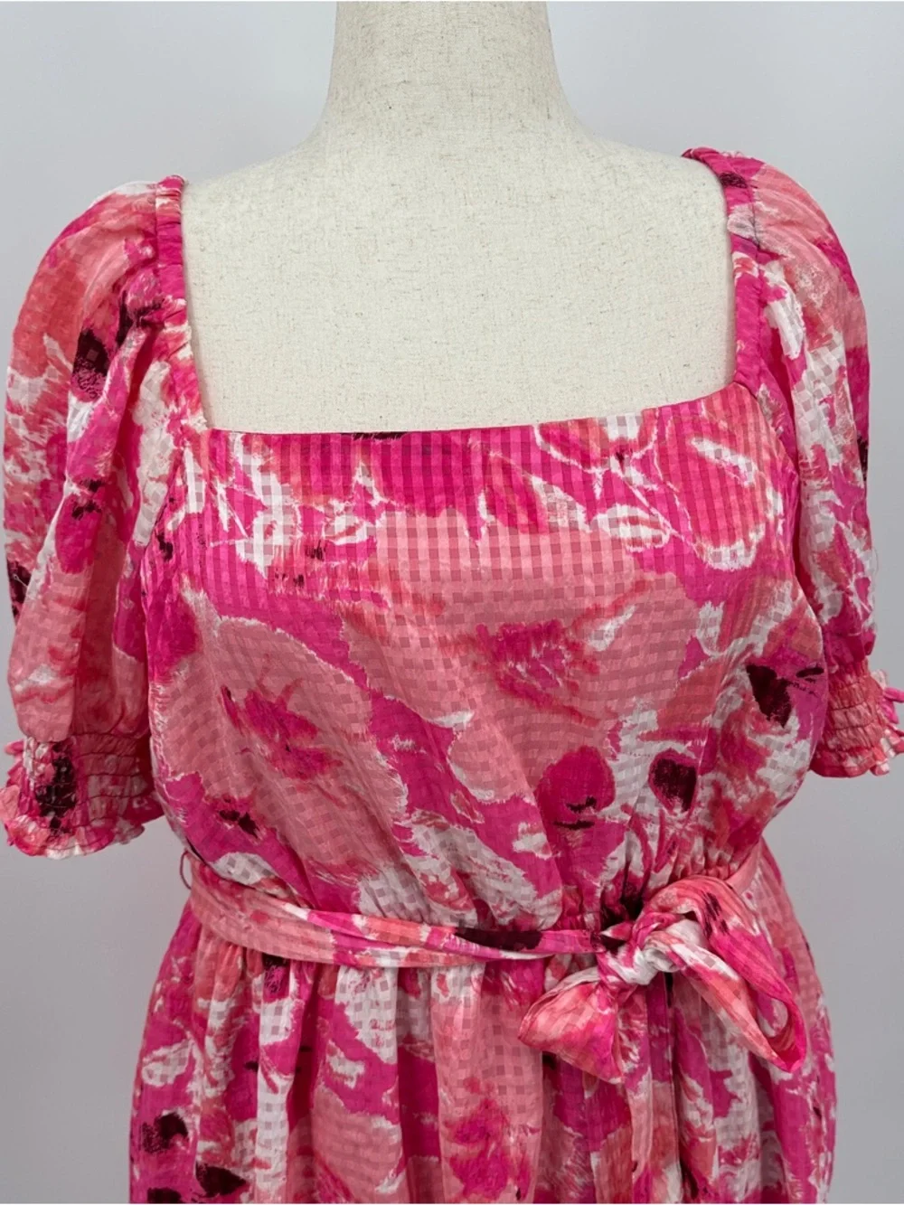 Lane Bryant Pink Floral Smocked Square-Neck Fit & Flare Dress Belted Midi Dress - Picture 2 of 10